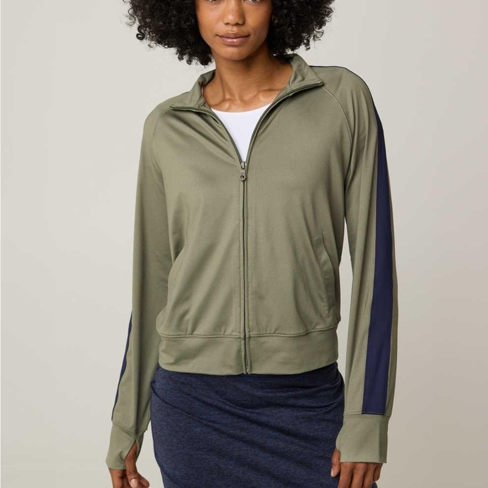 OFFLINE By Aerie Fastrack Jacket Olive Green Navy Blue Stripe Woman’s Medium
